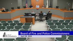 Wide shot of Council Dias with Board of Fire and Police Commissioners and the name of the meeting and date on a graphic.