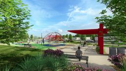 Rendering of the future Hedge Park featuring benches and shade. 