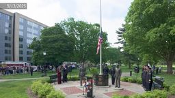 Wide shot of Police Memorial Ceremony with Flag raising. 